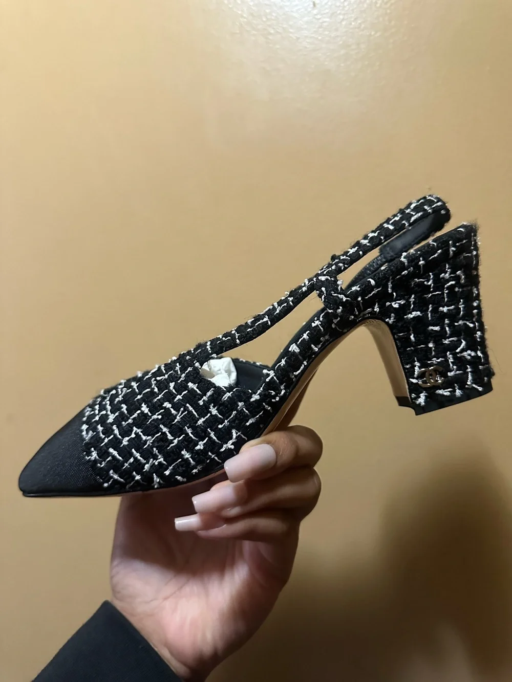 CHANEL Black & White Tweed Slingback Flat
